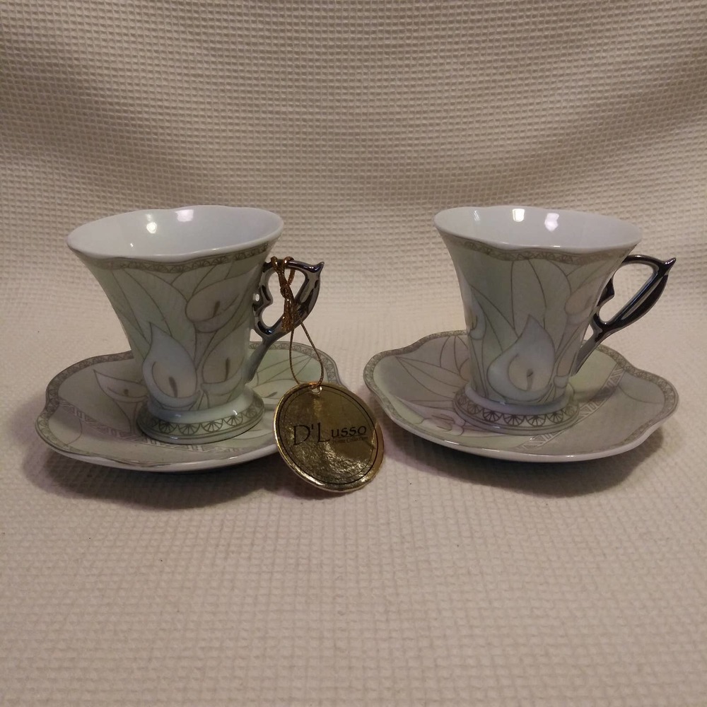 2 NWT D'Lusso Lustreware Demitasse Cup n Saucer Lilly on Sage